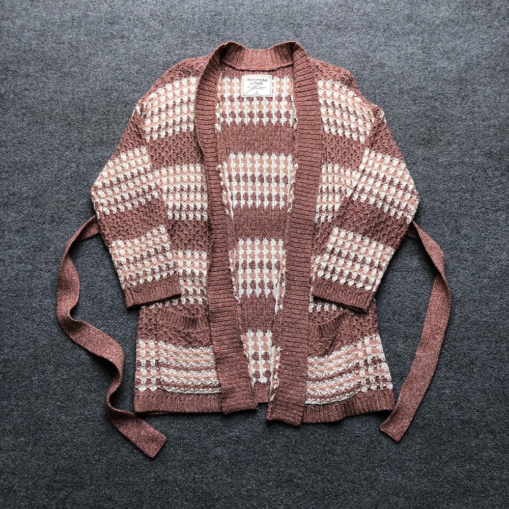 Abercrombie & Fitch Cardigan Sweater Womens Small Pink Open Knit Belted Striped